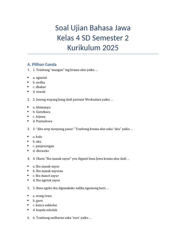 Soal Ujian Bahasa Jawa Kelas 4 SD PDF Soal Ujian Bahasa Jawa Kelas 4 SD PDF