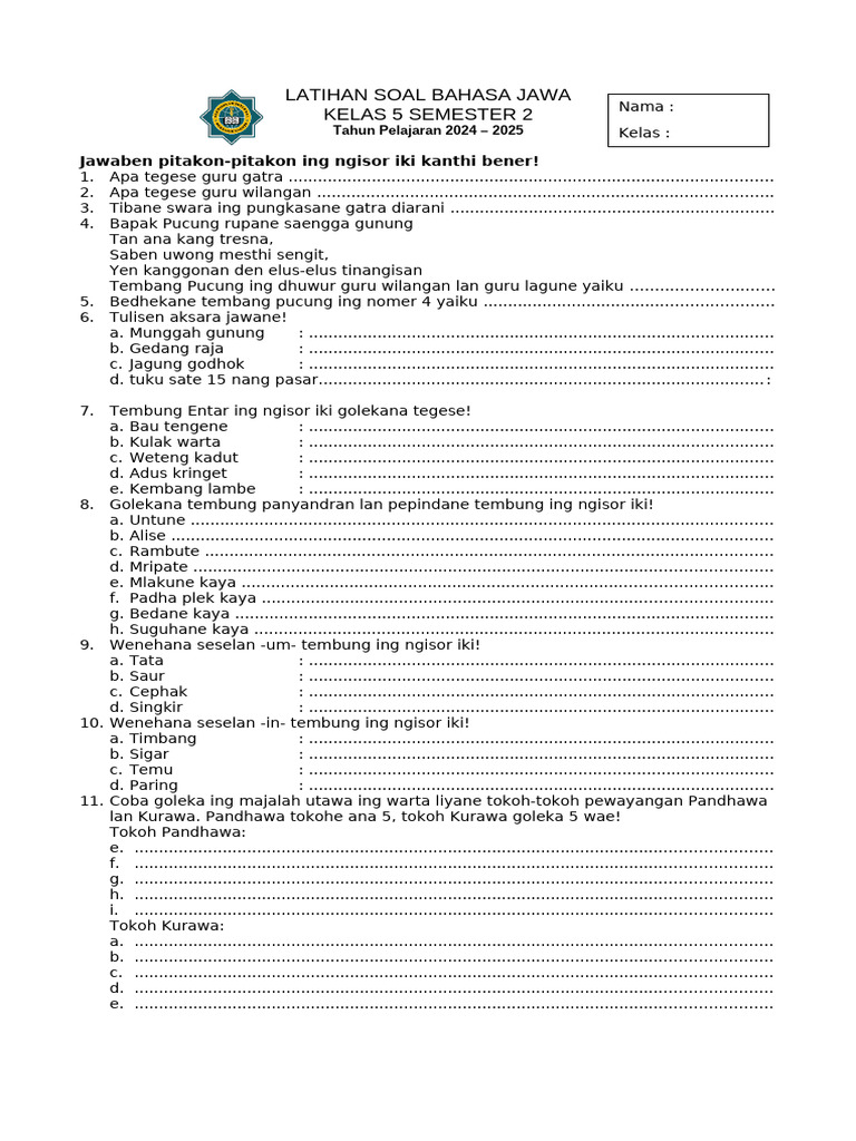 Latihan Soal Bahasa Jawa Kelas 5 Semester 2 2025 PDF