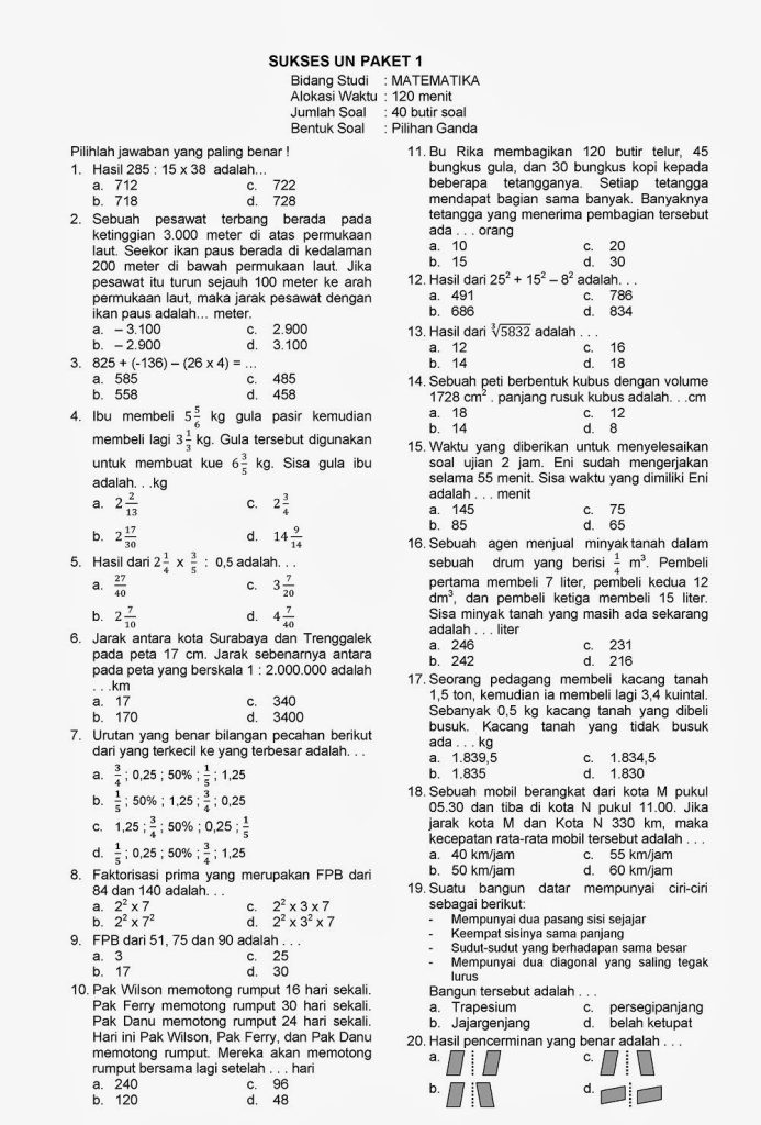soal pas matematika kelas 6 semester 1