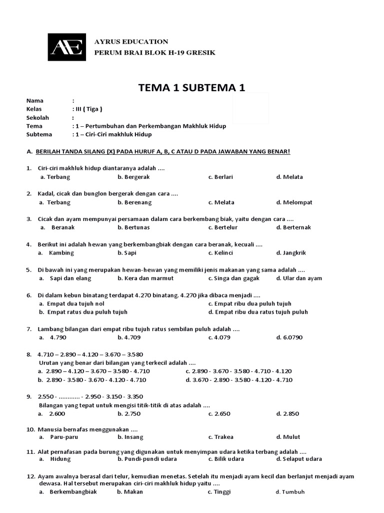 soal tema 1 subtema 1 kelas 3 revisi 2018